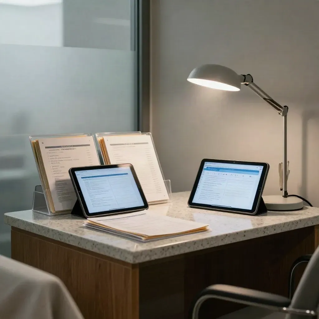 Telehealth tablets and sorted folders on a quiet console in a dim care-coordination room.