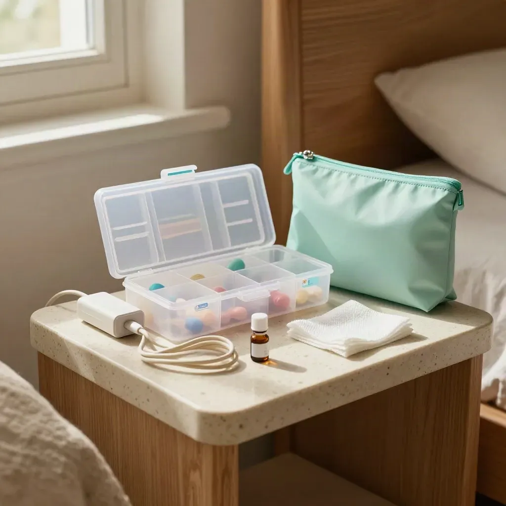 Bedside follow-up care kit with pill organiser, charger, and reminder pouch in warm light