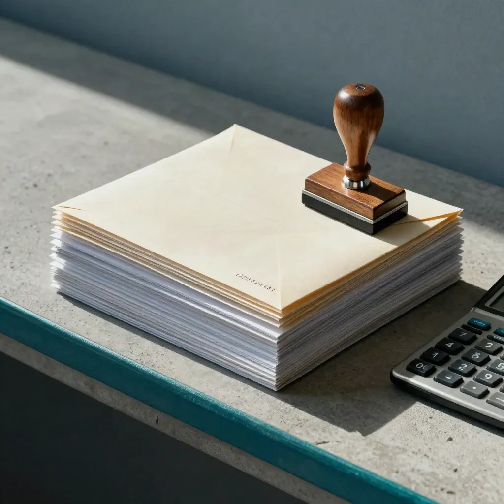 Insurance sleeves, approval stamp block, and calculator arranged on a claims bench.