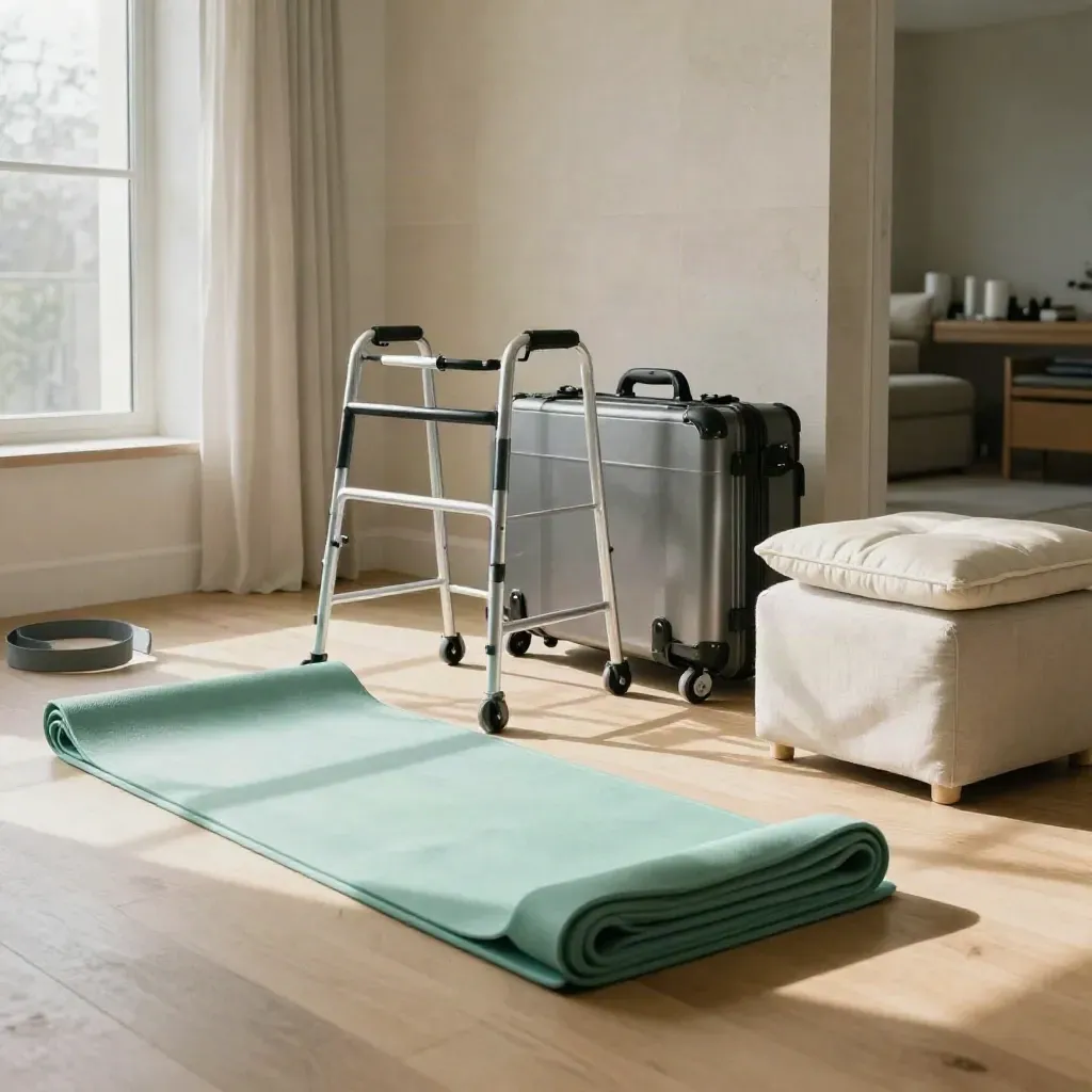 Rehab apartment with physio mat, rollator and transfer case ready for home therapy