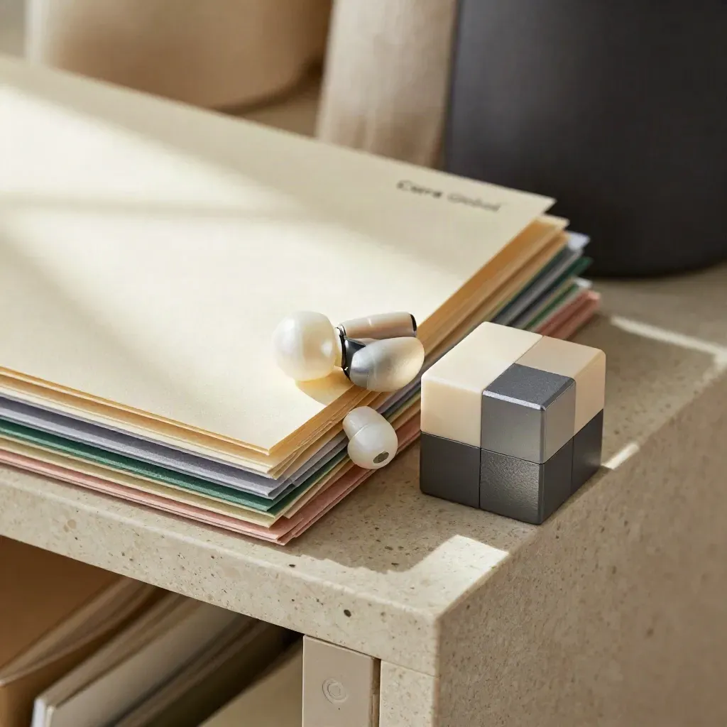 Macro still life of coordination folders, translation earpiece, and time-zone cube on travertine.