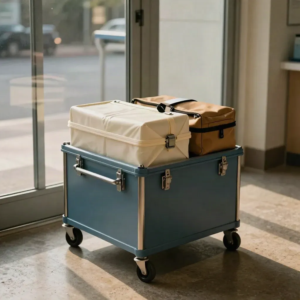 Clinic entrance with sealed kit, transport cart, and pouch at dawn in haze.
