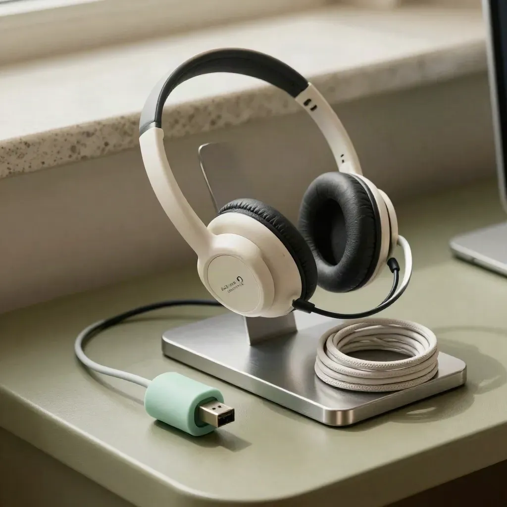 Close-up of telehealth headset, tablet stand, charging dock and coiled cable on a shelf.