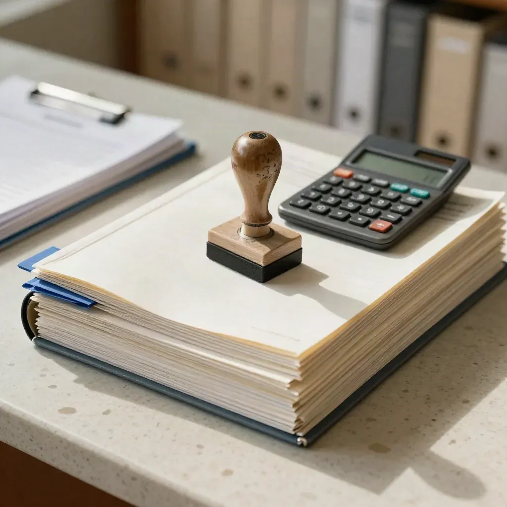 Claims paperwork tools with calculator and approval stamp on a travertine counter