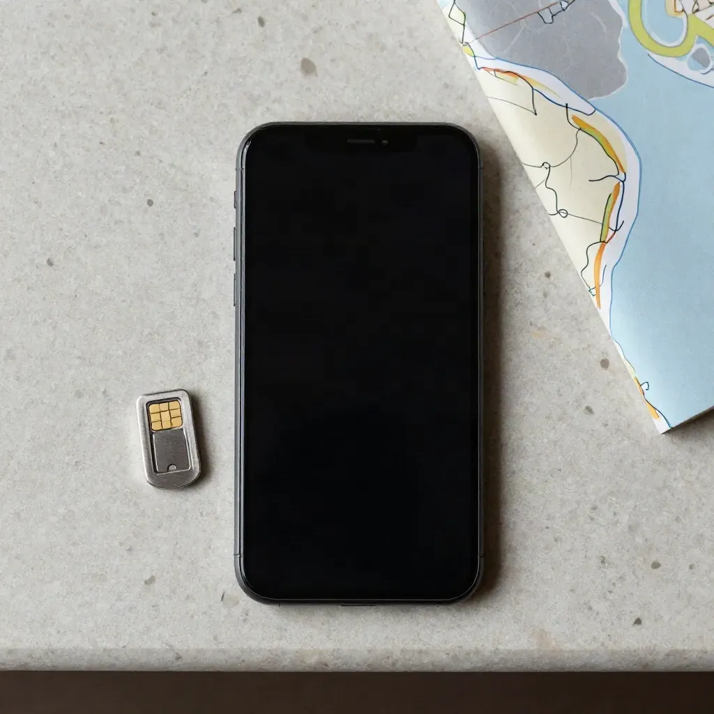 Top-down still life of a dark phone, SIM tool and folded map corner on stone.
