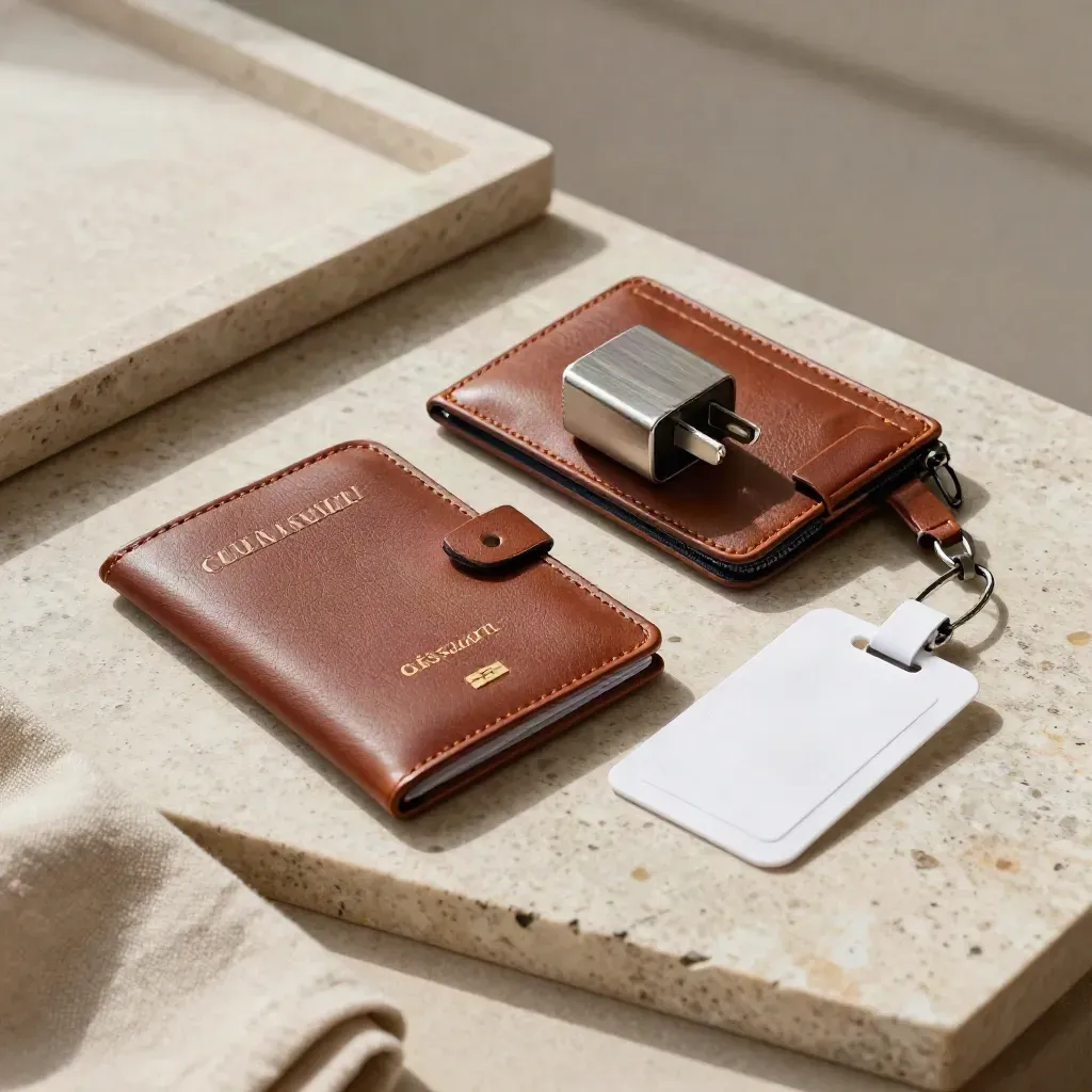 Travel set with passport sleeve, boarding wallet, adapter plug, and luggage tag on travertine.