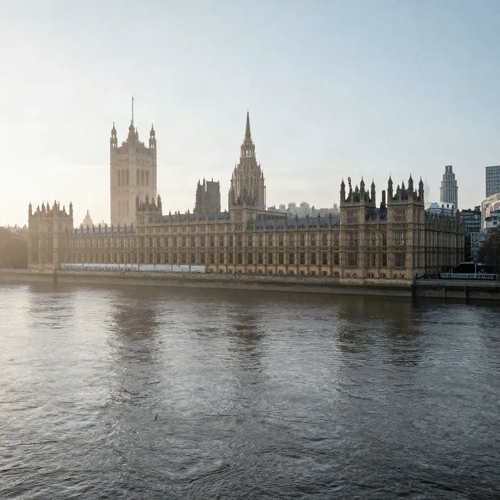 Westminster skyline over the Thames in blue-hour mist, calm water below