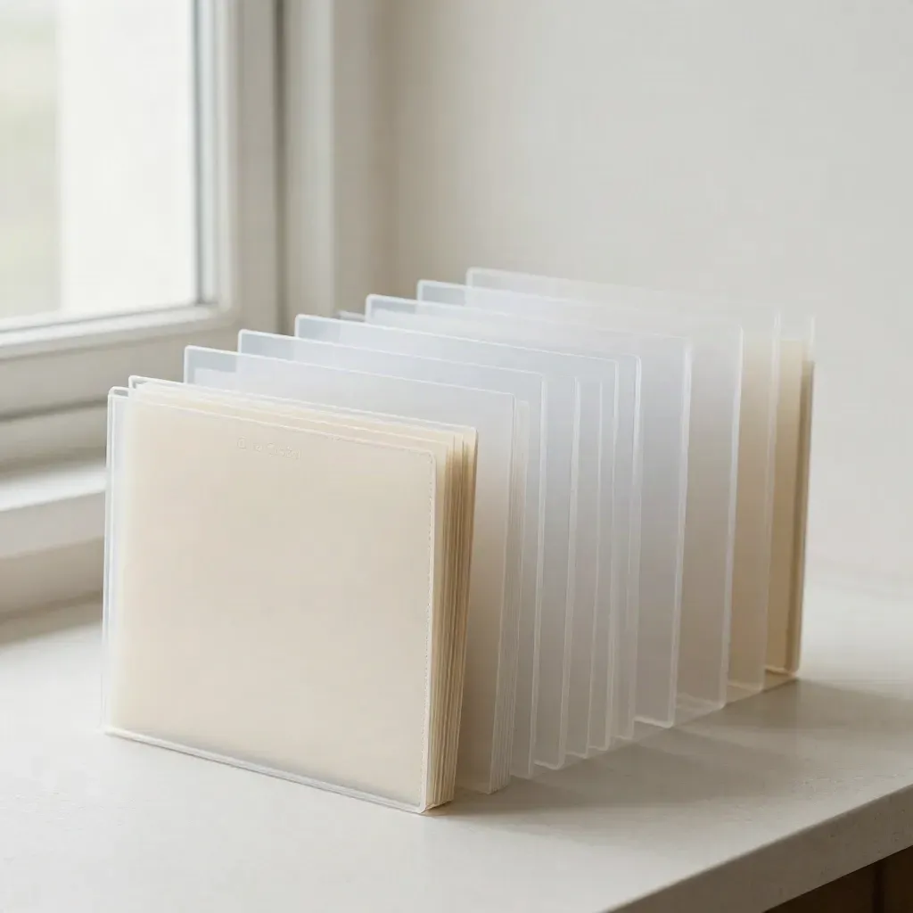 Translucent folders, file tabs, and a sealed plan pouch on a soft plaster sweep.