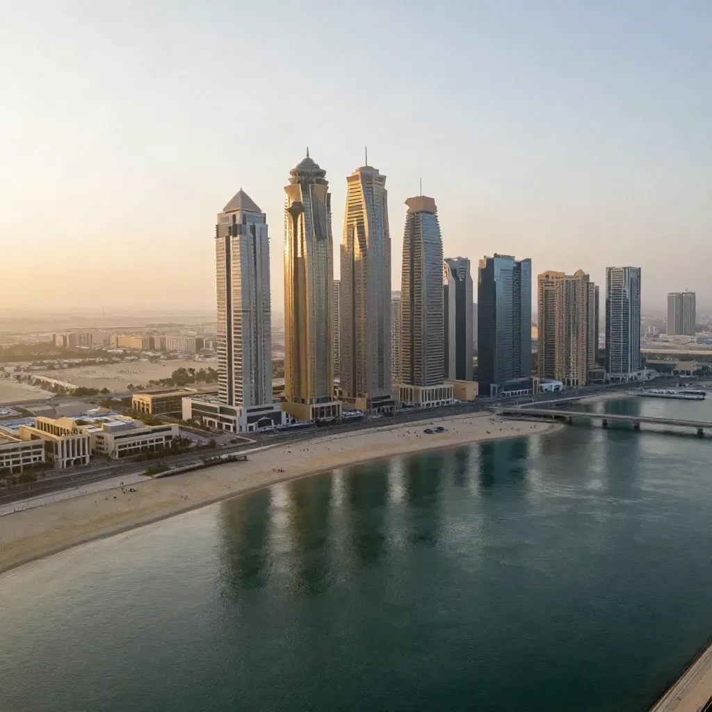 Dubai Marina skyline in sunrise haze above still waterfront and open calm water.
