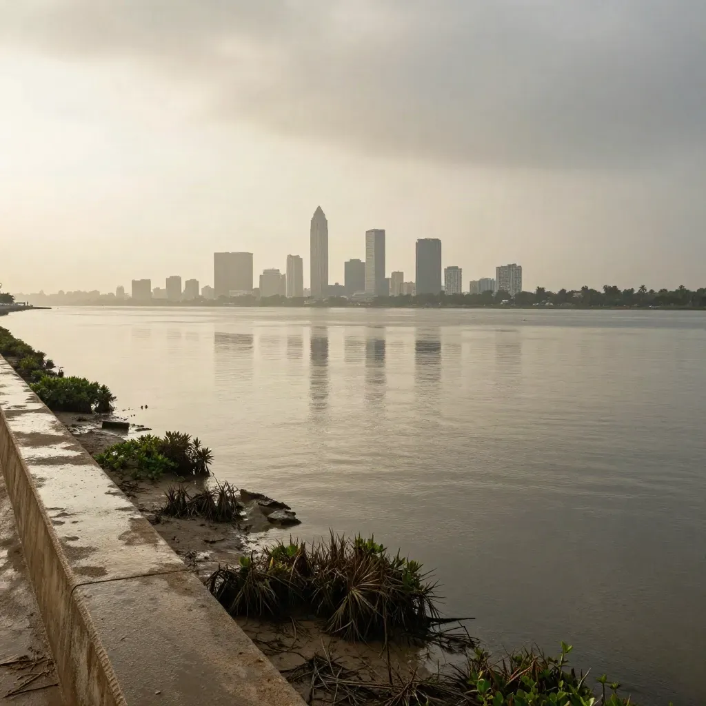 Lagos lagoon and distant towers under monsoon haze after rain.
