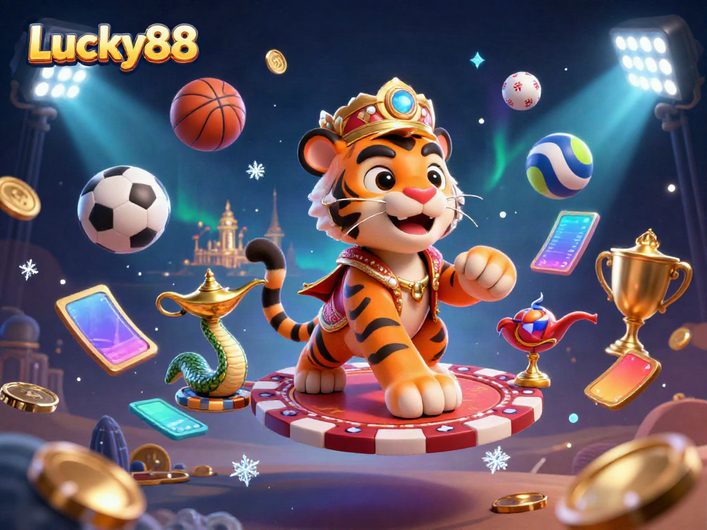 Experience the exciting world of Lucky88 as the tiger sultan rides on a poker chip carpet amidst vibrant sports elements and magical scenery.