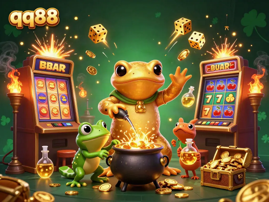 Experience the excitement of winning at qq88 with a vibrant 3D casino scene featuring golden characters and jackpots.