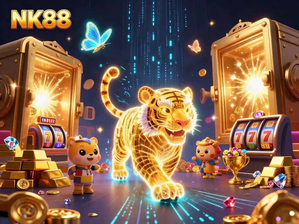 NK88 showcases a vibrant neon-wireframe tiger amidst rich casino elements and treasures.