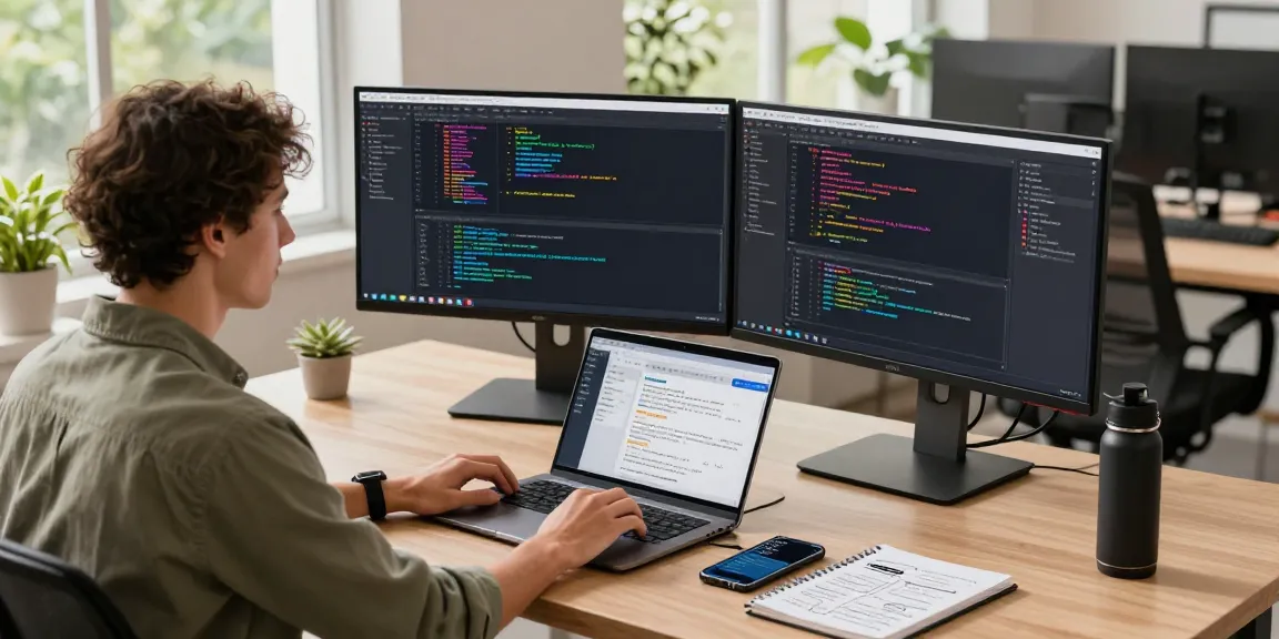Developer at a modern workspace focusing on WhatsApp下載, coding on dual monitors with vibrant tech details.