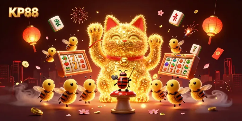 Experience the vibrant allure of KP88 as a lucky cat emerges from golden casino symbols, inviting players to win.
