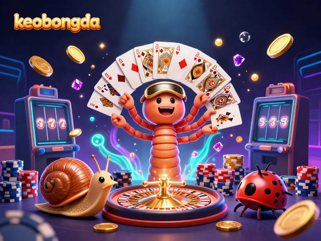 Engage with keobongda's exciting atmosphere as a 3D millipede dealer showcases cards amidst vibrant casino elements.