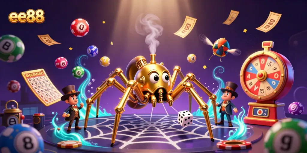 Experience the excitement of ee88 with a dynamic illustration featuring vibrant casino elements and unique characters.