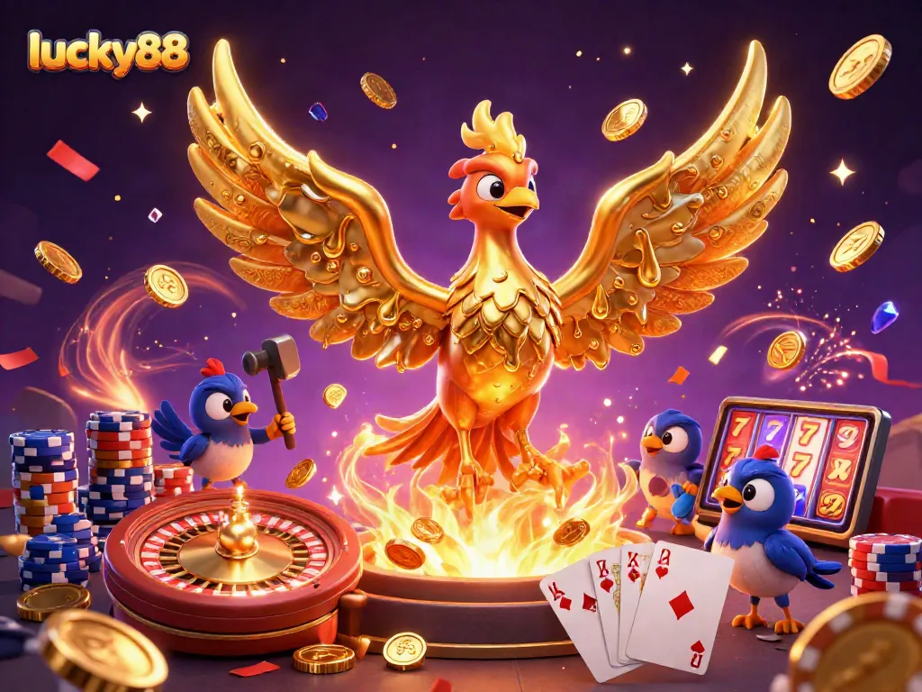 Spin lucky88 slots with a golden phoenix and casino elements flying in dynamic celebration.