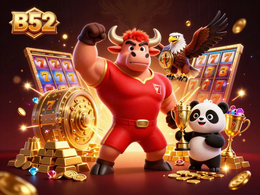 Engage with B52 in a vibrant casino scene, featuring playful cartoon characters celebrating big wins with jewels and slot reels.