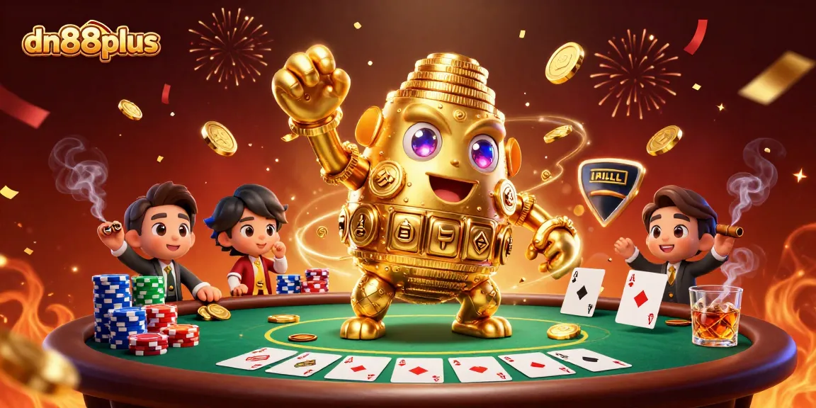 Enjoy the excitement of dn88plus with animated golden golem and vibrant poker scene.