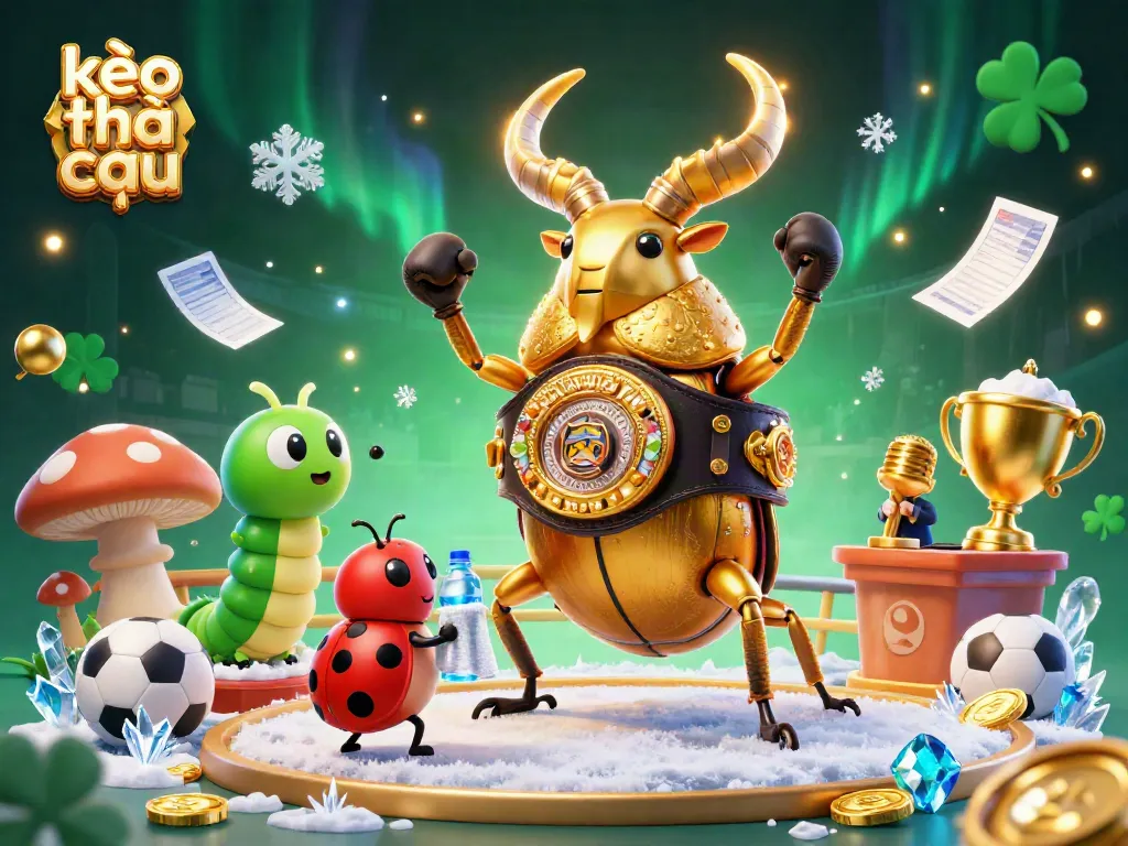 Bet on kèo nhà cái with charming cartoon beetle in boxing gear surrounded by sports motifs.