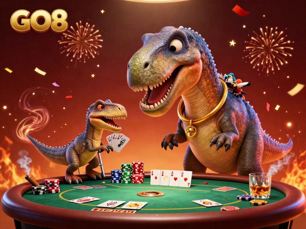 Experience exciting gameplay at GO8 with a whimsical illustration of a brontosaurus and raptor in a casino scene.