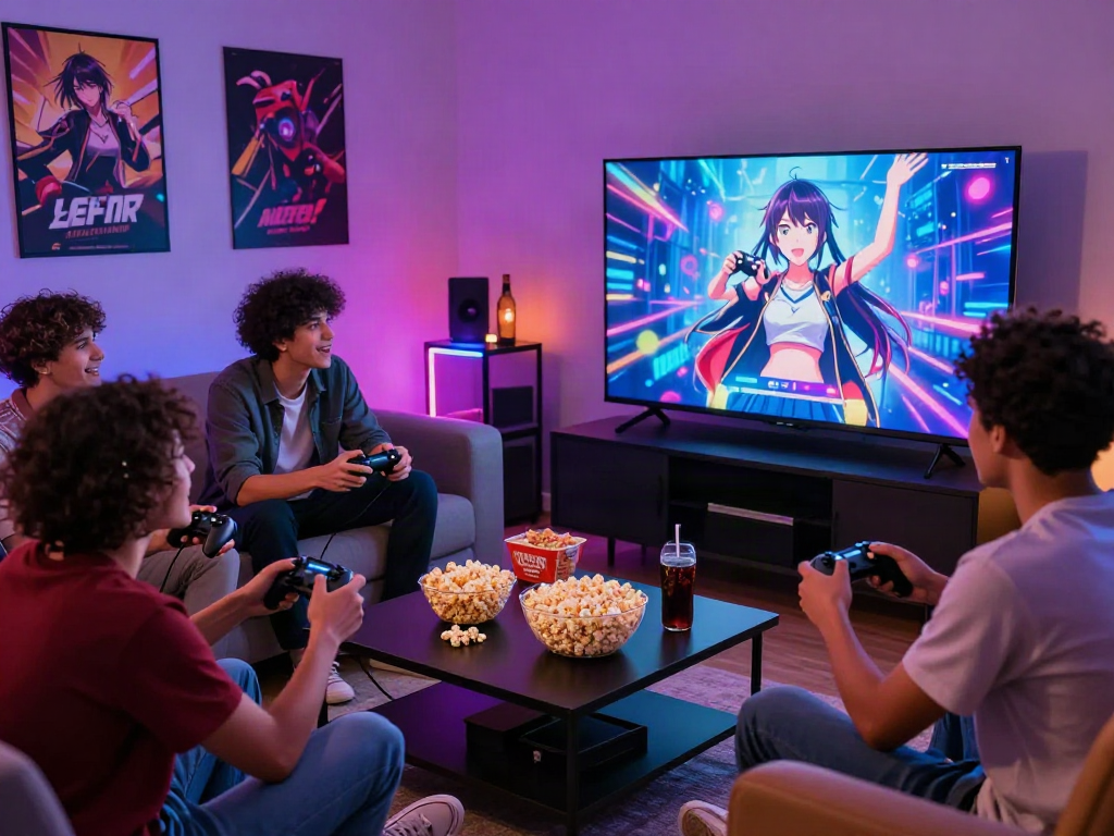 Friends excitedly playing a hentai game together during game night, enjoying snacks in a vibrant living room.