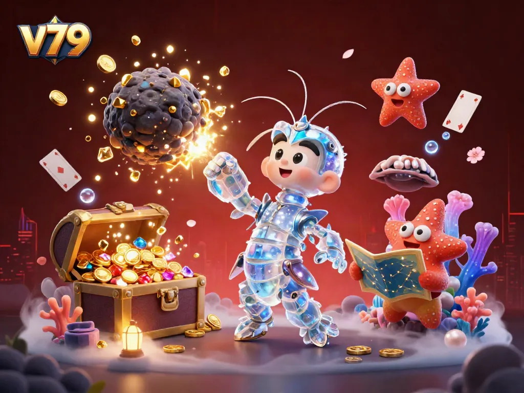 Experience the excitement of v79 with a galactic samurai mantis shrimp battling asteroids for gold and gems amidst vibrant underwater scenes.