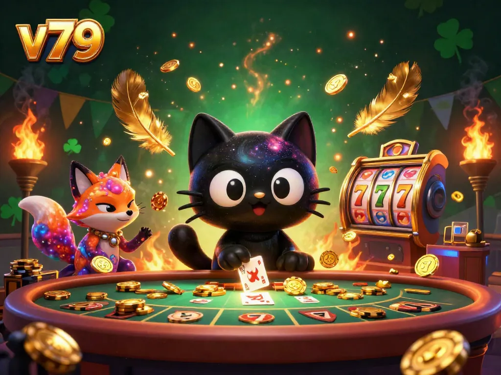 The vibrant 3D scene of a black hole cat and nebula fox at a v79 casino, attracting golden chips and cards.