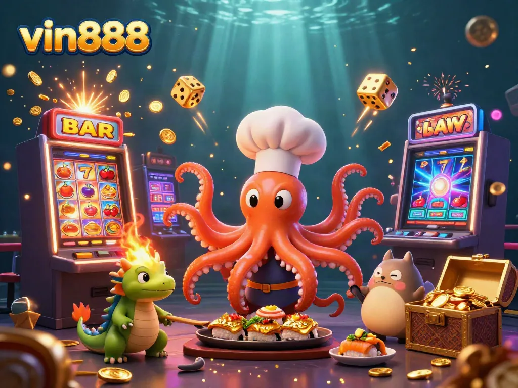 Play and win at vin888 with a lively 3D casino scene featuring an octopus chef and a green dragon.