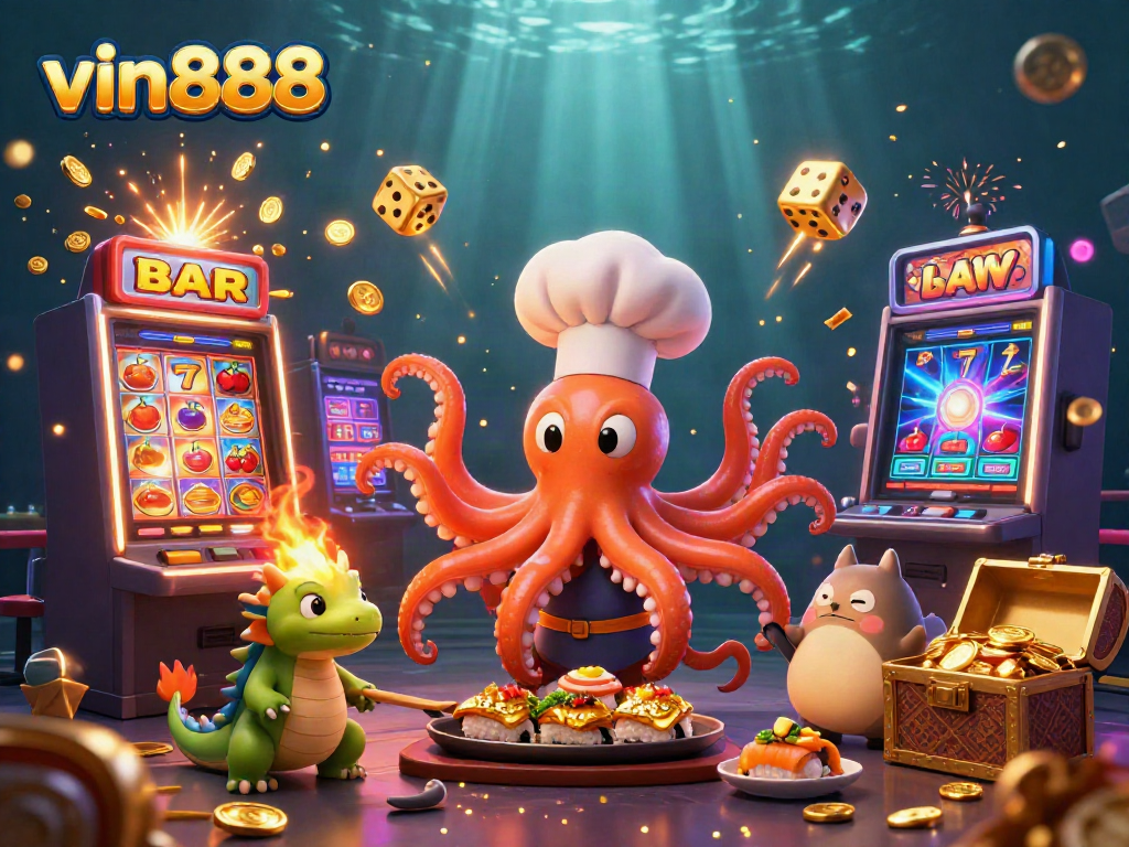 Play and win at vin888 with a lively 3D casino scene featuring an octopus chef and a green dragon.