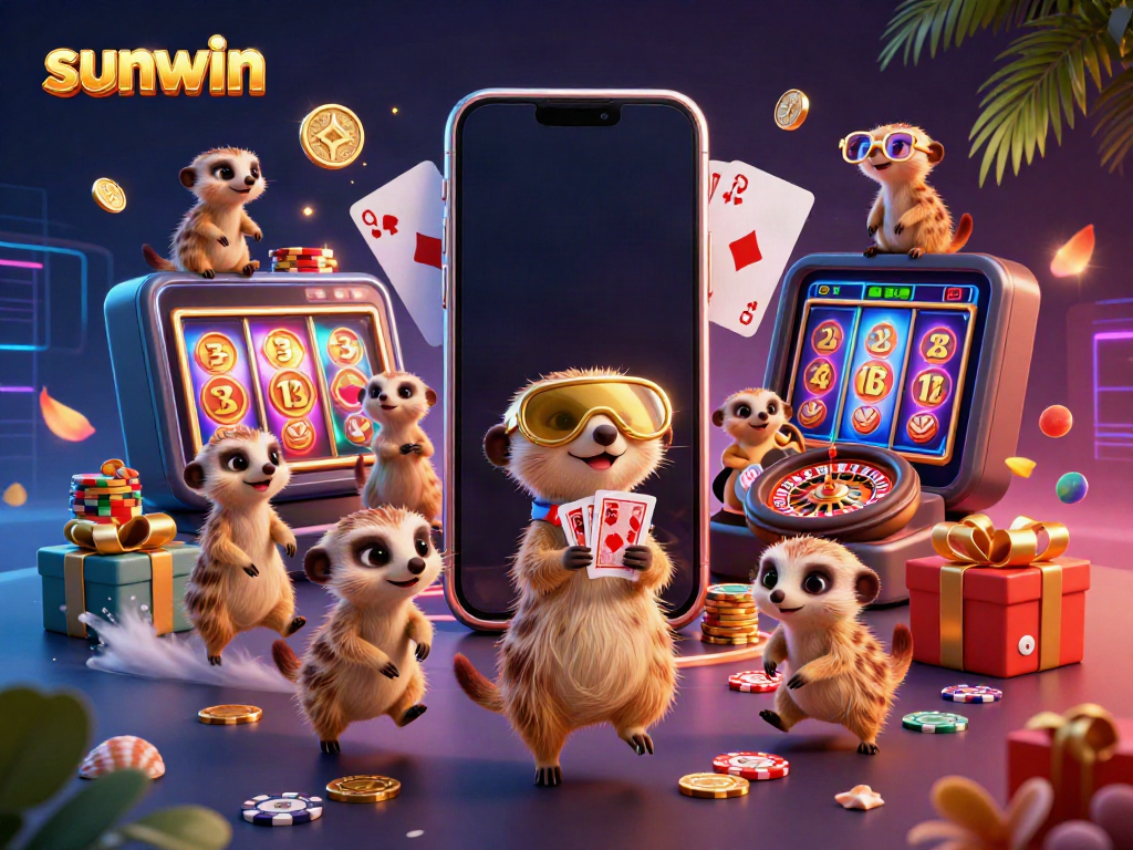 Experience sunwin's thrilling casino atmosphere with meerkats managing games, chips, and prizes.