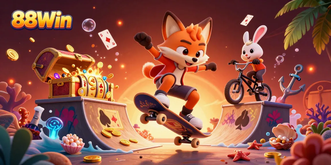 Join the thrill at 88Win with a vibrant scene of gambling symbols and animated characters.