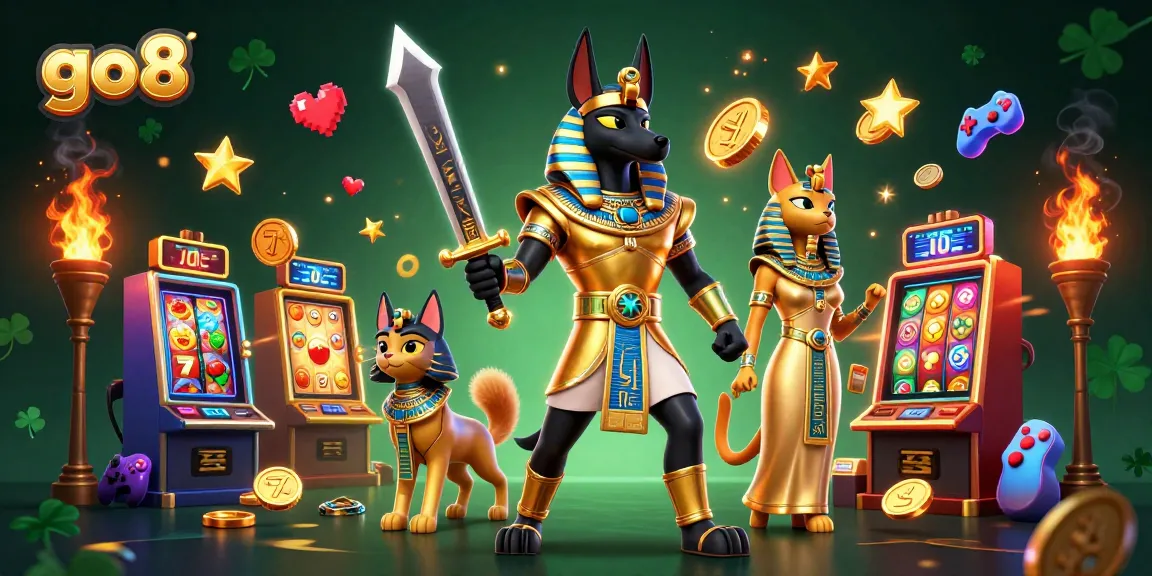 Experience thrill at go8 casino with Anubis and Bastet amidst vibrant slot machines and ancient treasures.