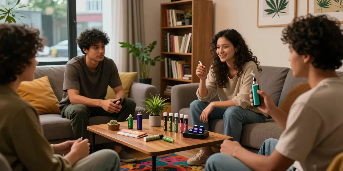 Friends enjoying weed vapes in a cozy living room, highlighting cannabis culture.