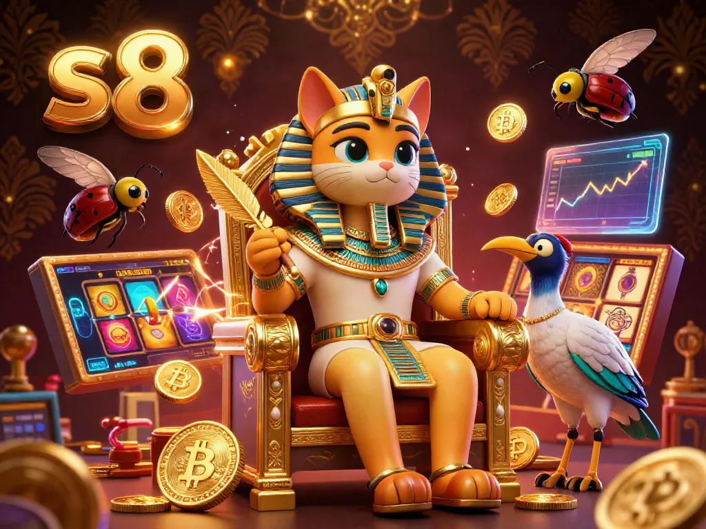 Experience the vibrant world of s8 with 3D pharaoh cat and slot games in a dynamic casino scene.