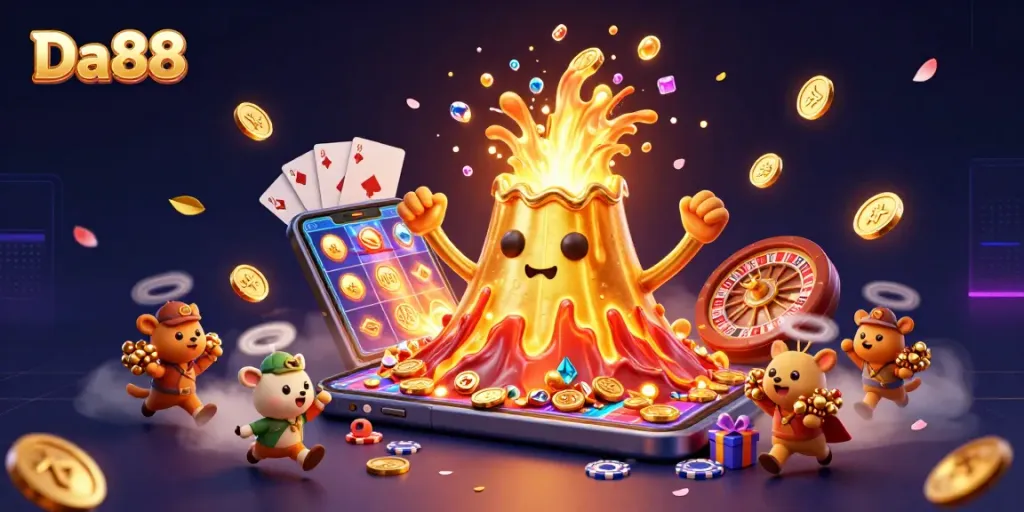 Spin and win with Da88 as golden lava erupts coins and treasures in a vivid casino scene.