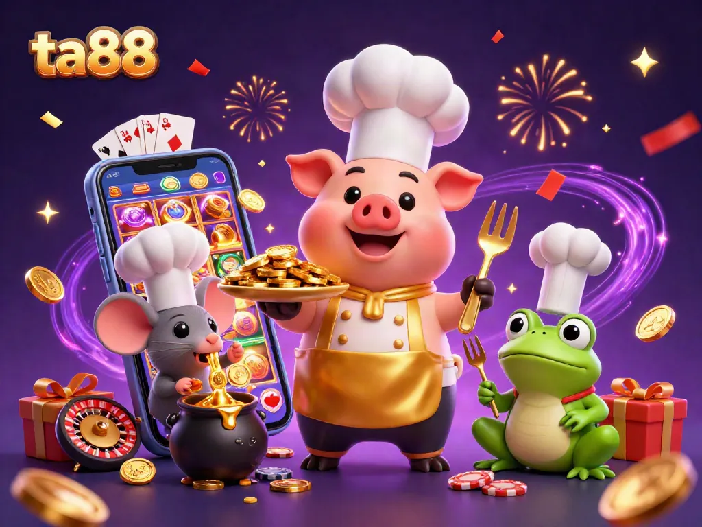 Join ta88 in a thrilling casino adventure as characters serve gold coins surrounded by vibrant casino elements.