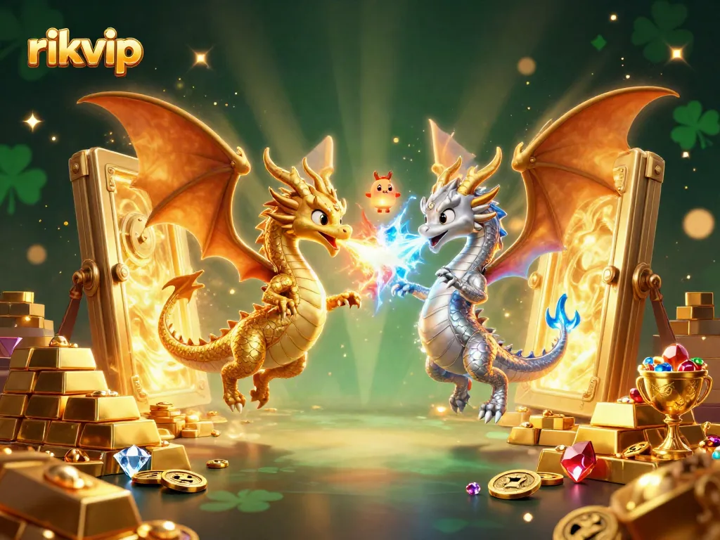 Engage in thrilling gameplay with rikvip, showcasing dragon rivals amid sparkling treasures.