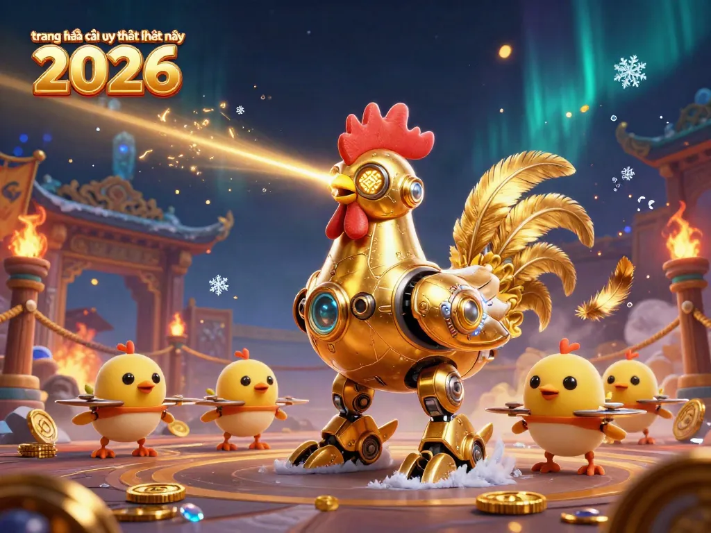 Engage with the vibrant scene featuring the trang nhà cái uy tín hiện nay 2026, showcasing a dynamic golden rooster robot surrounded by baby chick drones.