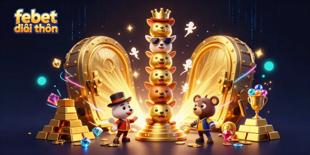 Engage with febet đổi thưởng in a vibrant casino-themed 3D scene filled with treasure and excitement.