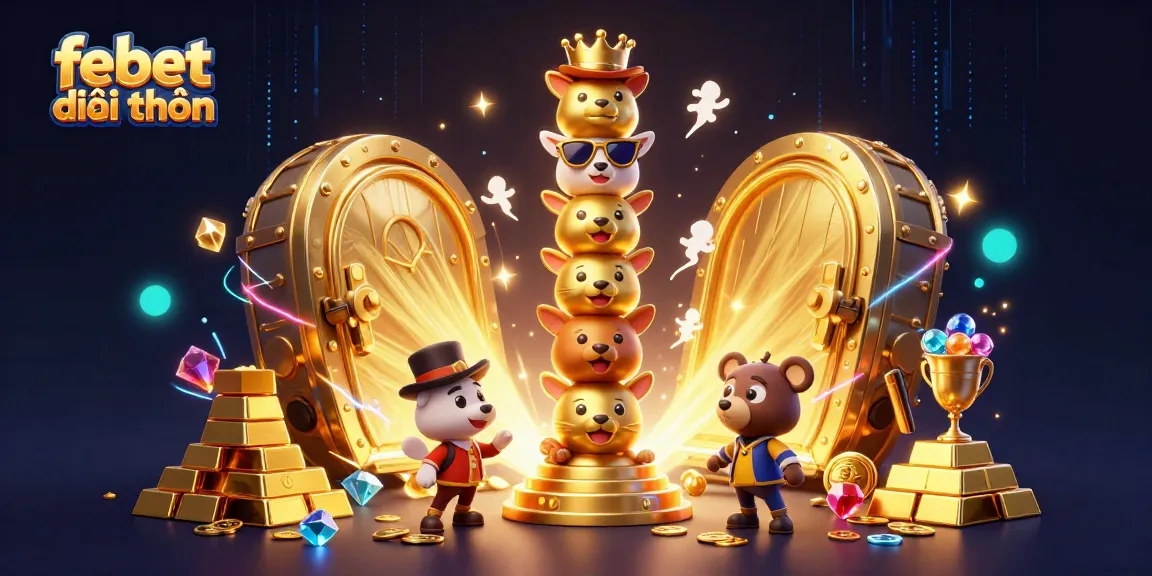 Engage with febet đổi thưởng in a vibrant casino-themed 3D scene filled with treasure and excitement.