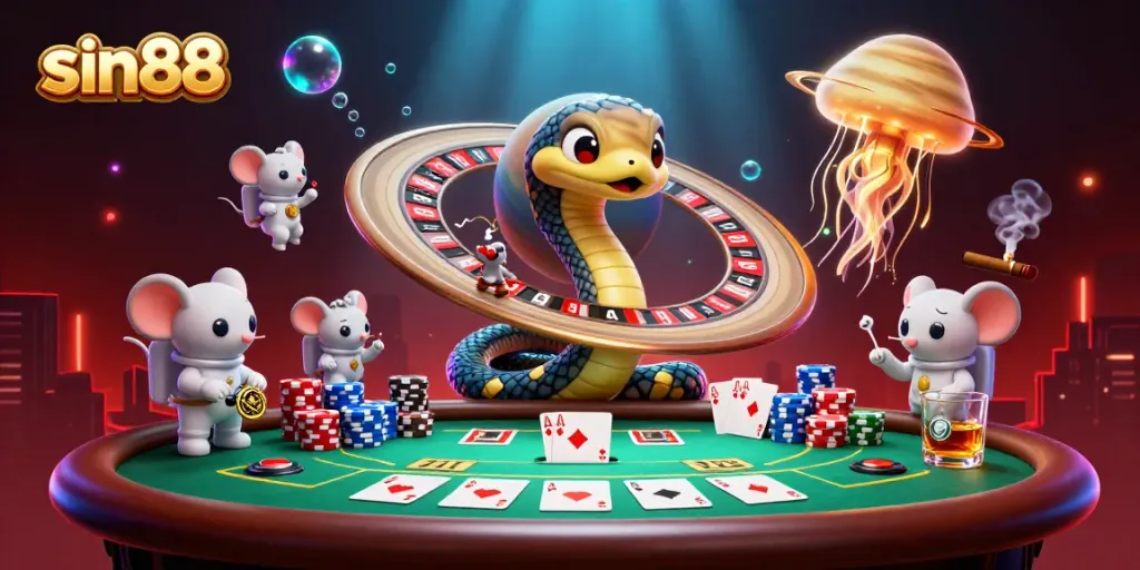 Experience thrilling gameplay at sin88 with a cosmic roulette-themed casino scene featuring playful elements.