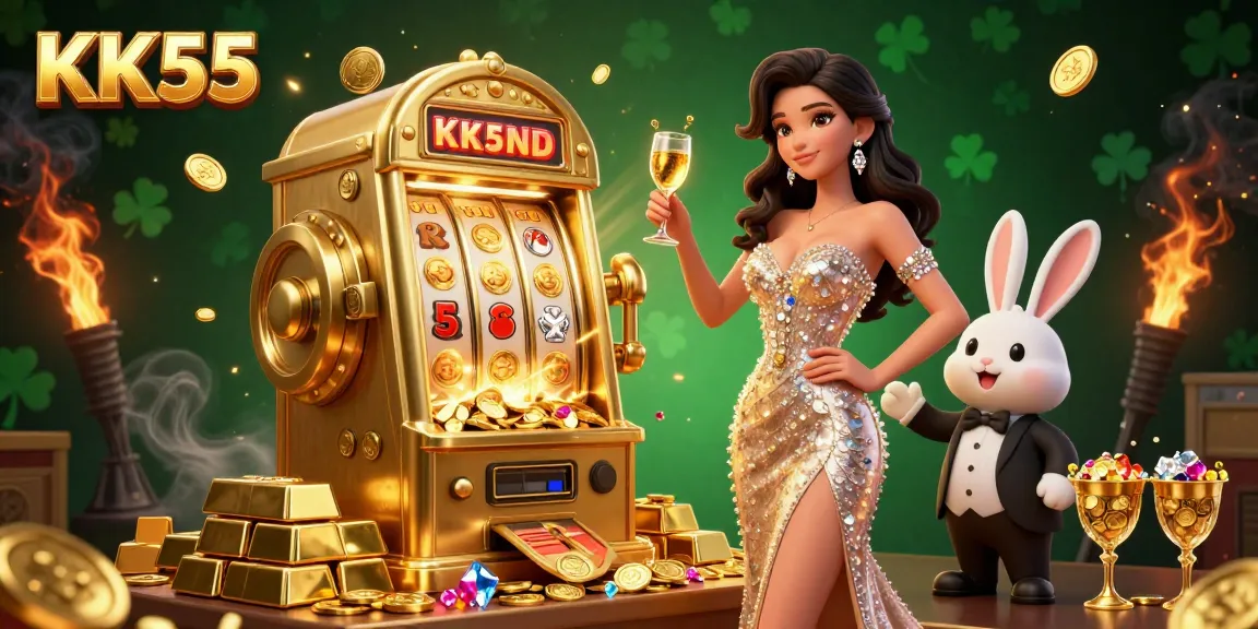 Experience thrilling gaming action at KK55 with a glamorous scene featuring a jackpot slot machine and sparkling treasures.