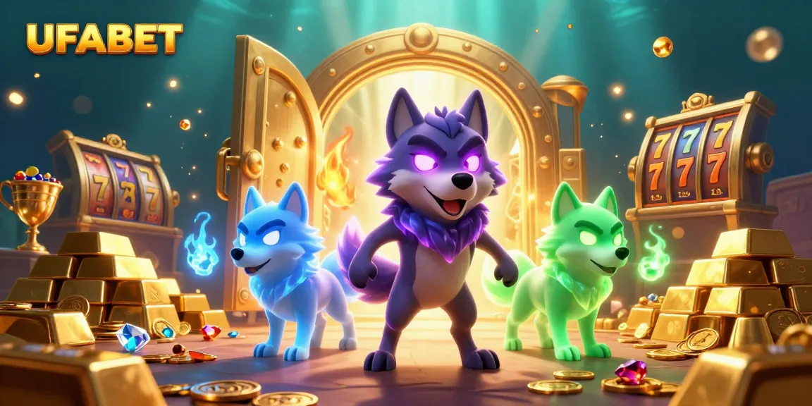 Win big with UFABET in a vibrant 3D casino scene featuring ghostly wolves and treasure elements.