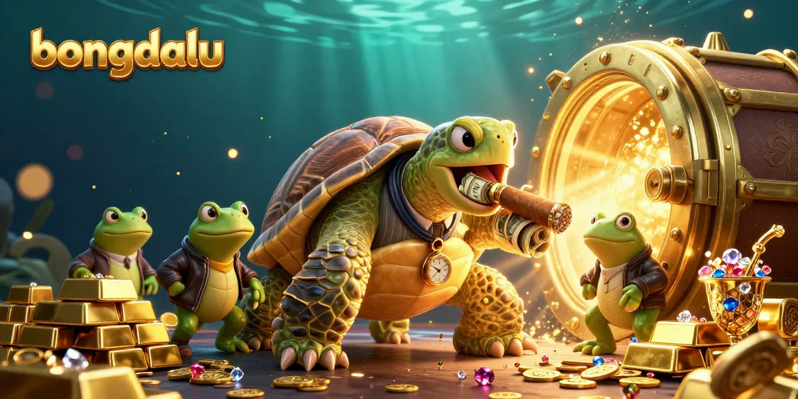 Bongdalu features a whimsical 3D turtle mobster and bullfrog enforcers celebrating casino riches with dazzling gems.