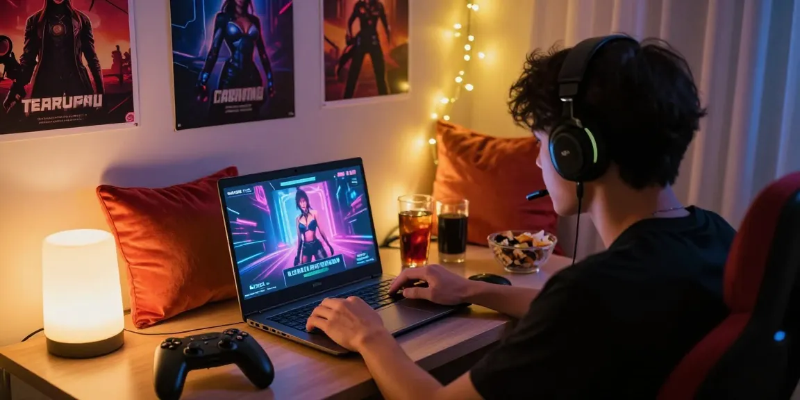 Player enjoying lewdspot games in a cozy room with vibrant decor.