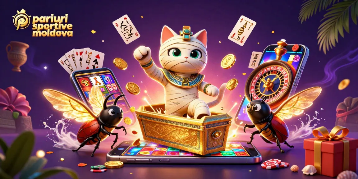 Pariuri sportive Moldova: Mummy cat și scarab în casino, cu jocuri și câștiguri strălucitoare.