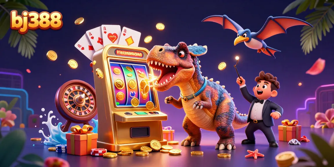 BJ388 players enjoy dynamic gameplay as a pachycephalosaurus hits a golden slot machine in an animated casino scene.