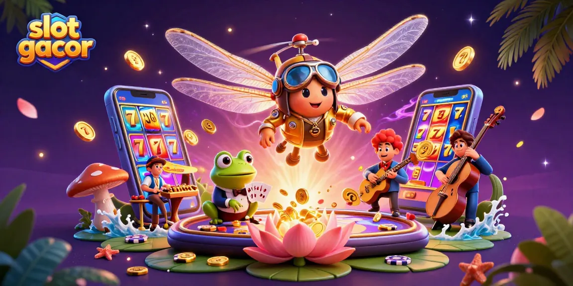 Experience slot gacor with a vibrant scene of a dragonfly pilot, frog croupier, and jazz cricket musicians.